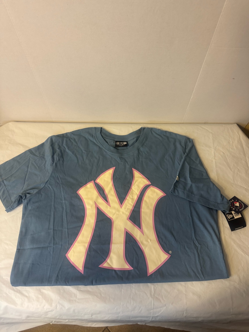 New Era Blue Tee with Cream & Pink Logo - Kids